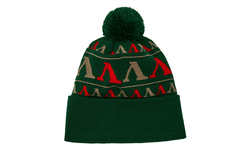Шапка с отворотом, помпоном и фирменным узором (зелёная)
