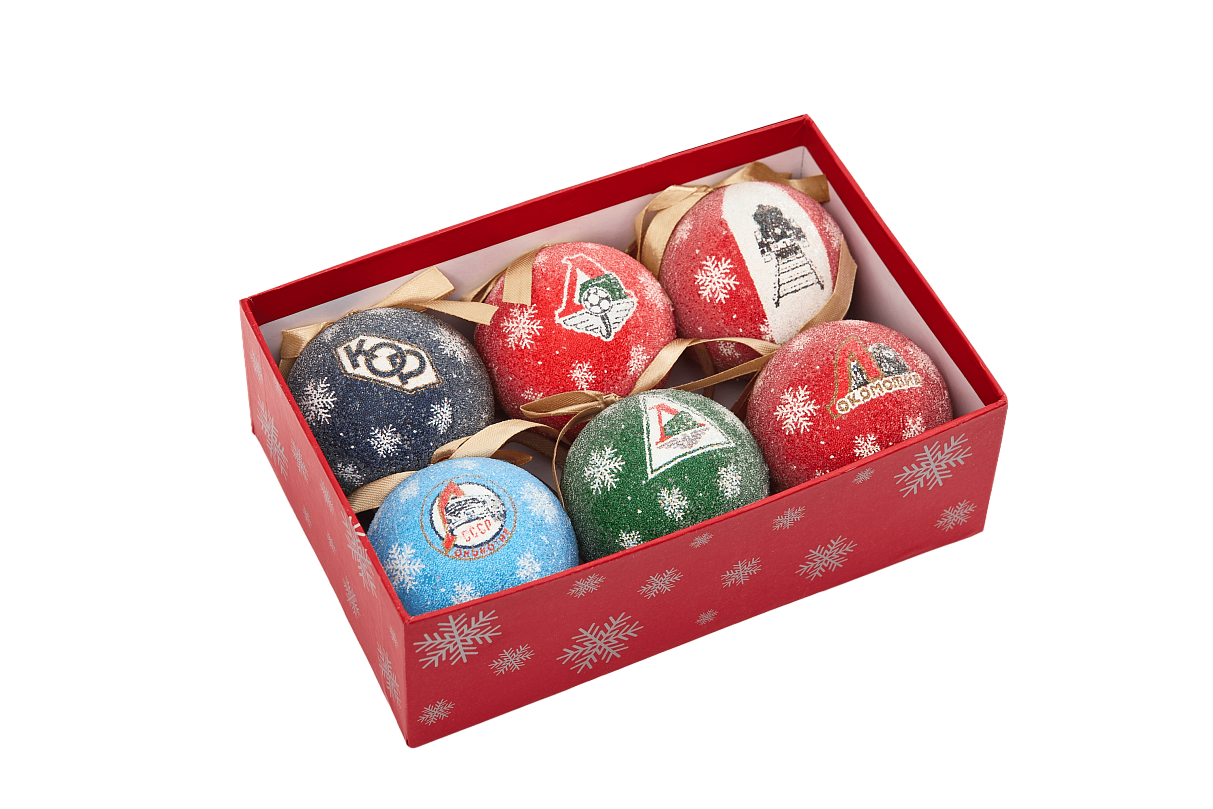 Набор из 6-и пластиковых елочных шаров Локомотив «Ретро» (с обсыпкой имитирующей снег)