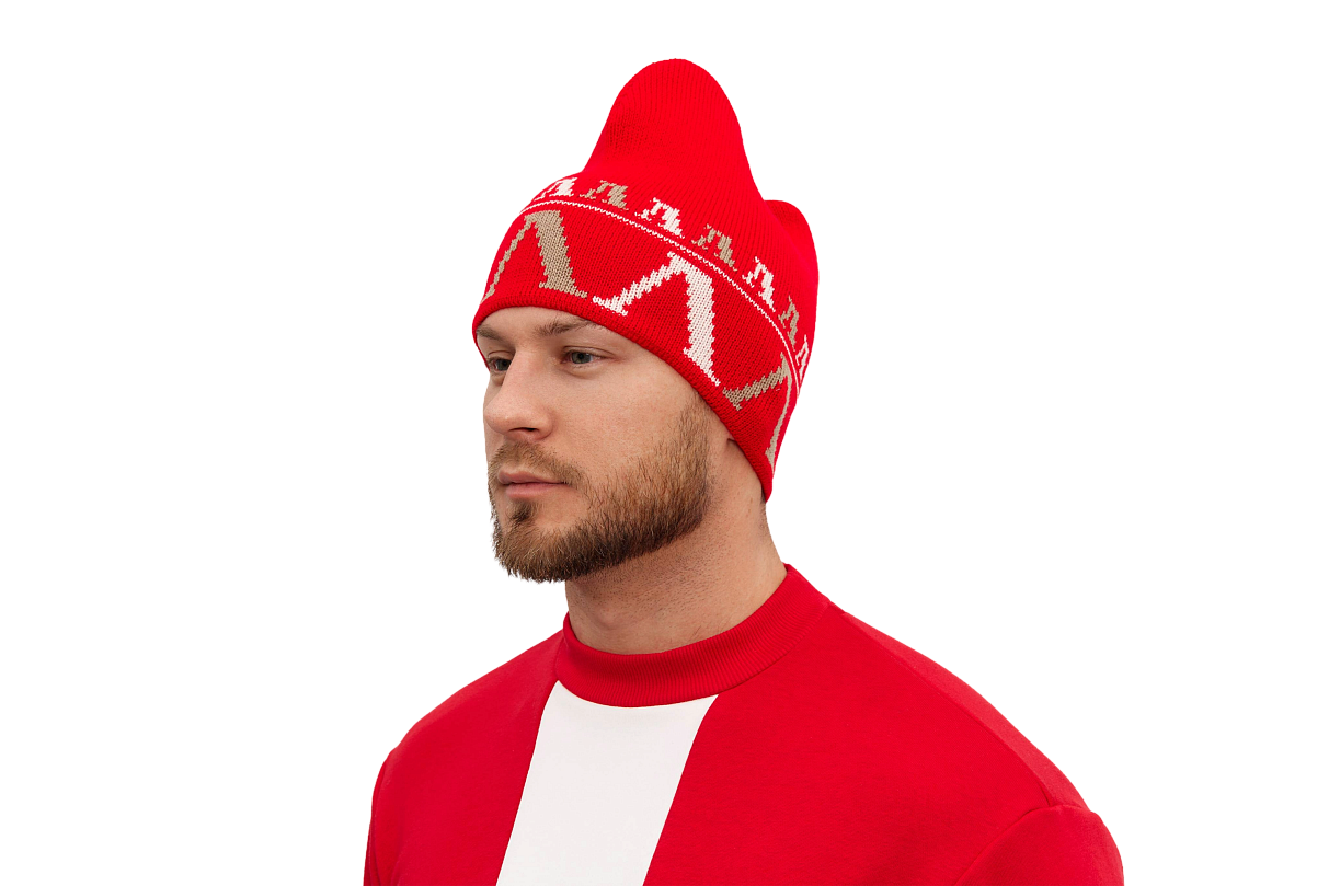 Шапка петушок с фирменным узором (красная)