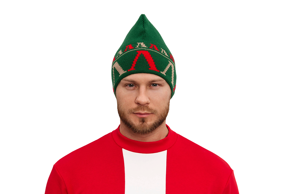 Шапка петушок с фирменным узором (зелёная)