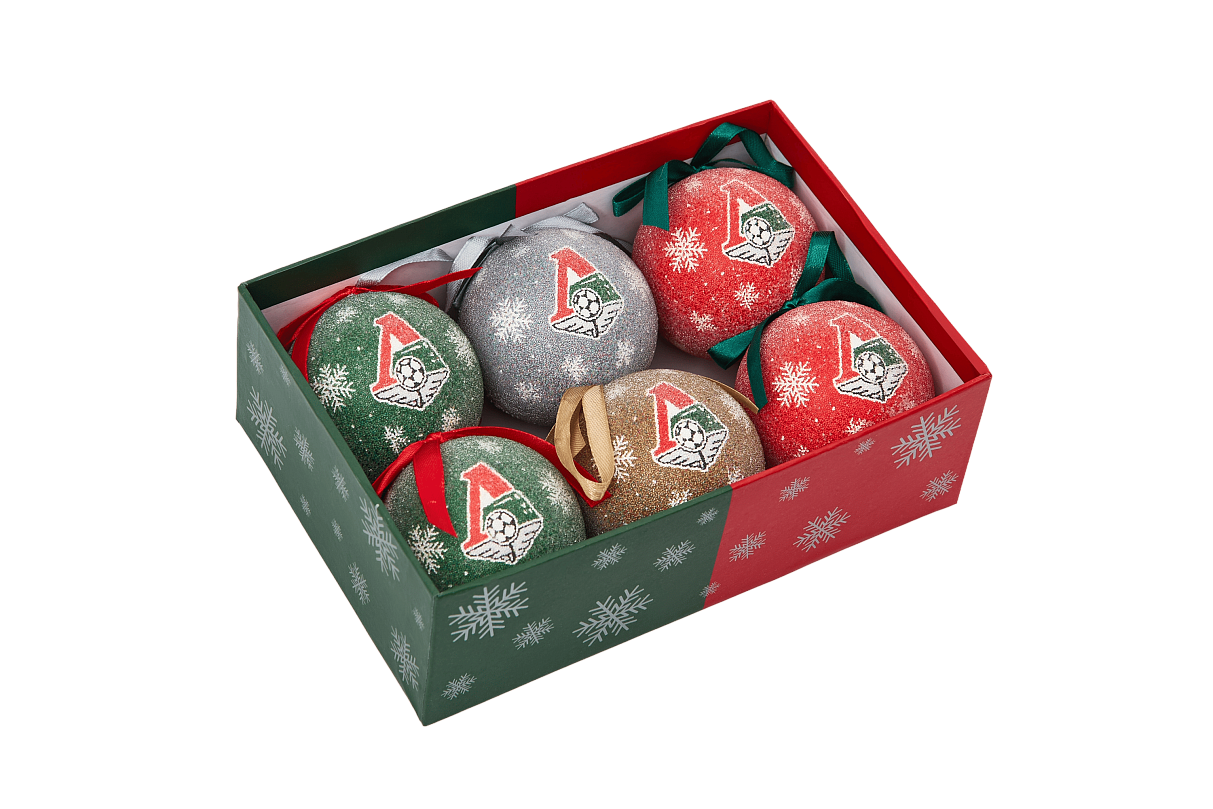 Набор из 6-и пластиковых елочных шаров Локомотив (с обсыпкой имитирующей снег)