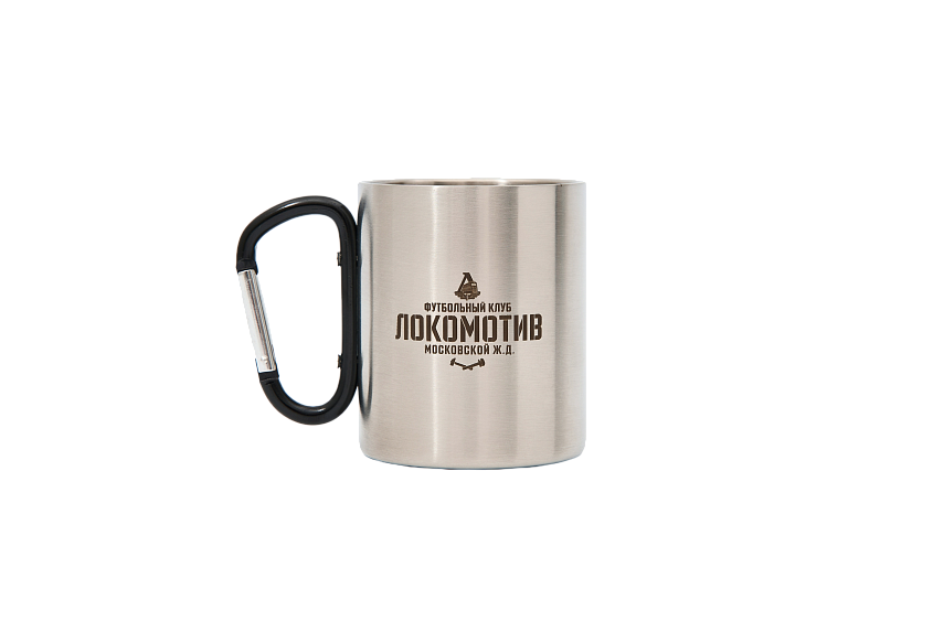 Кружка металлическая с карабином и гравировкой.