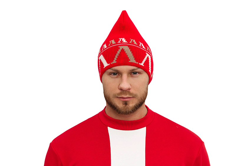 Шапка петушок с фирменным узором (красная)