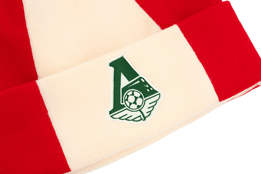 Шапка с эмблемой «Первый комплект» (красная с молочной полосой)