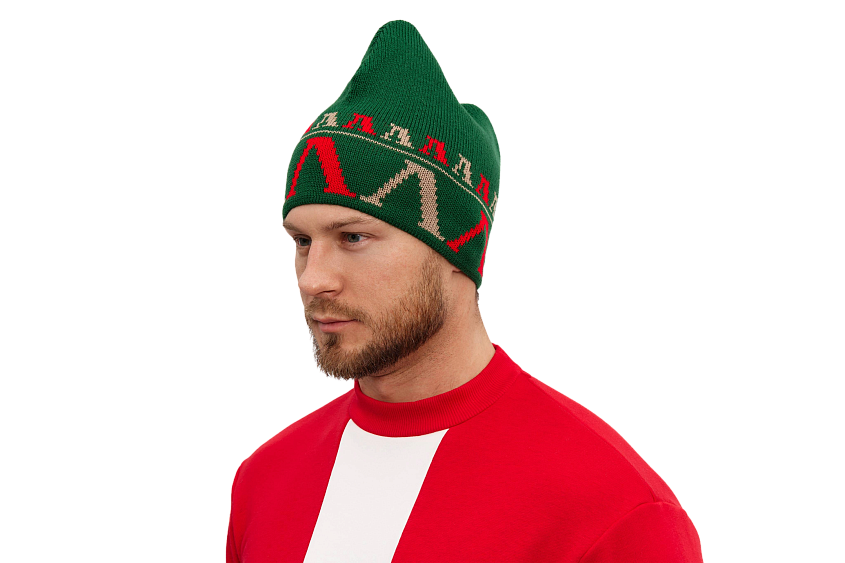 Шапка петушок с фирменным узором (зелёная)