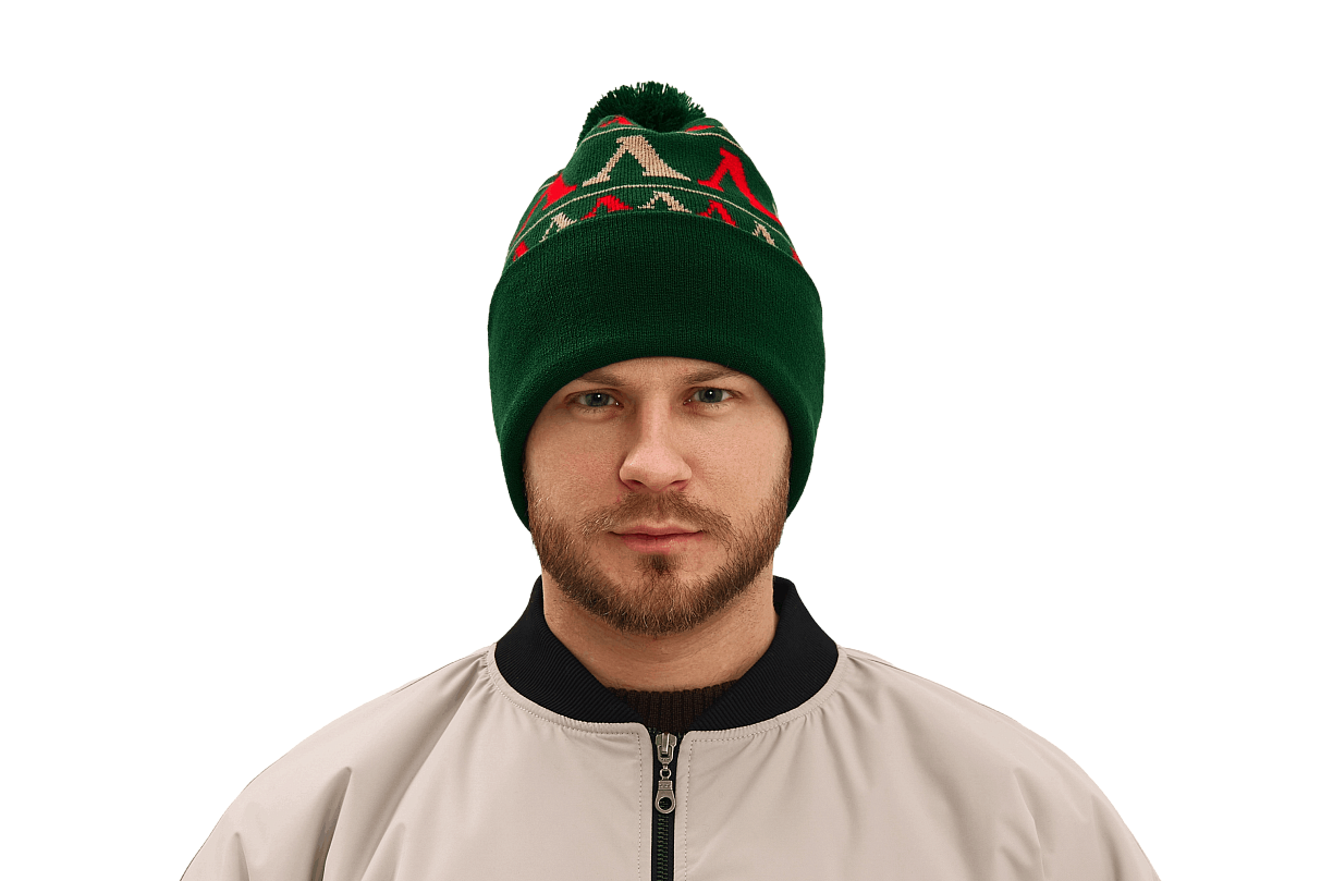 Шапка с отворотом, помпоном и фирменным узором (зелёная)