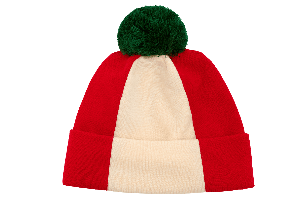 Шапка с эмблемой «Первый комплект» (красная с молочной полосой)