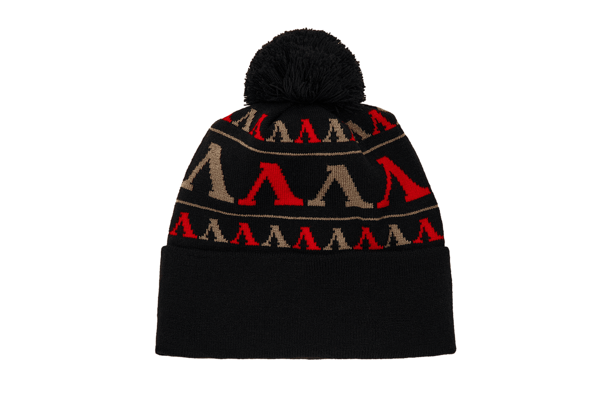 Шапка с отворотом, помпоном и фирменным узором (чёрная)